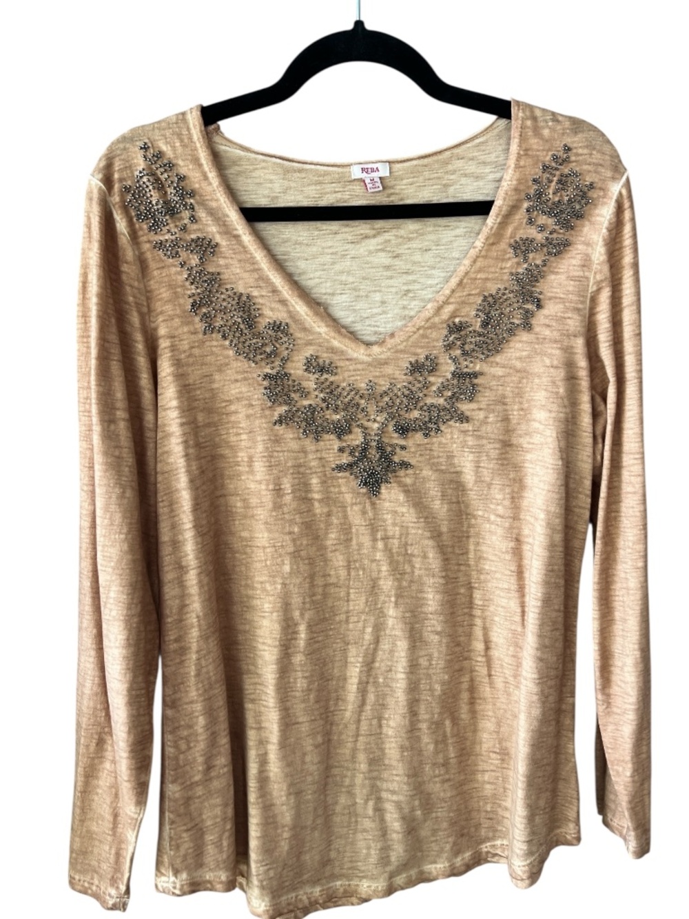 Reba Sz M Tan Beaded V-Neck Long Sleeve Top Slub Cotton
